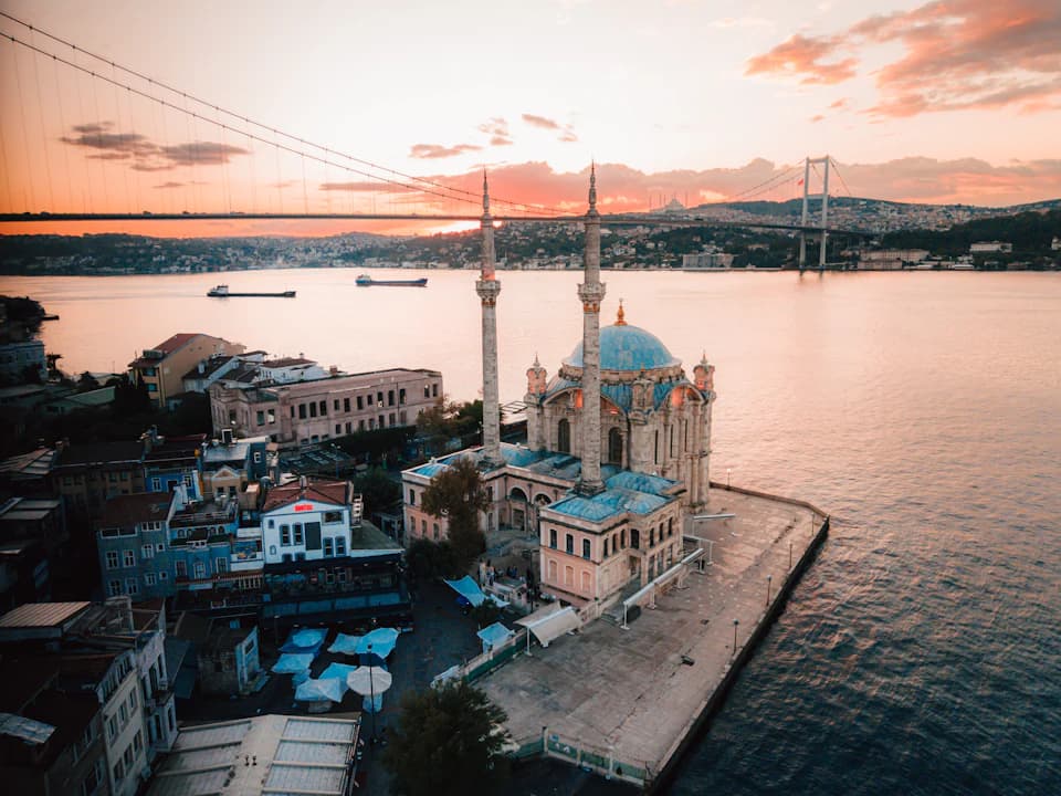 Ortaköy Mosque and the Bosphorus Bridge at sunset